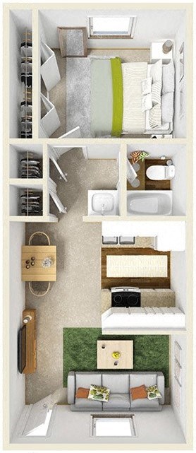 Floor plan for 1 bed, 1 bath, 500 sqft